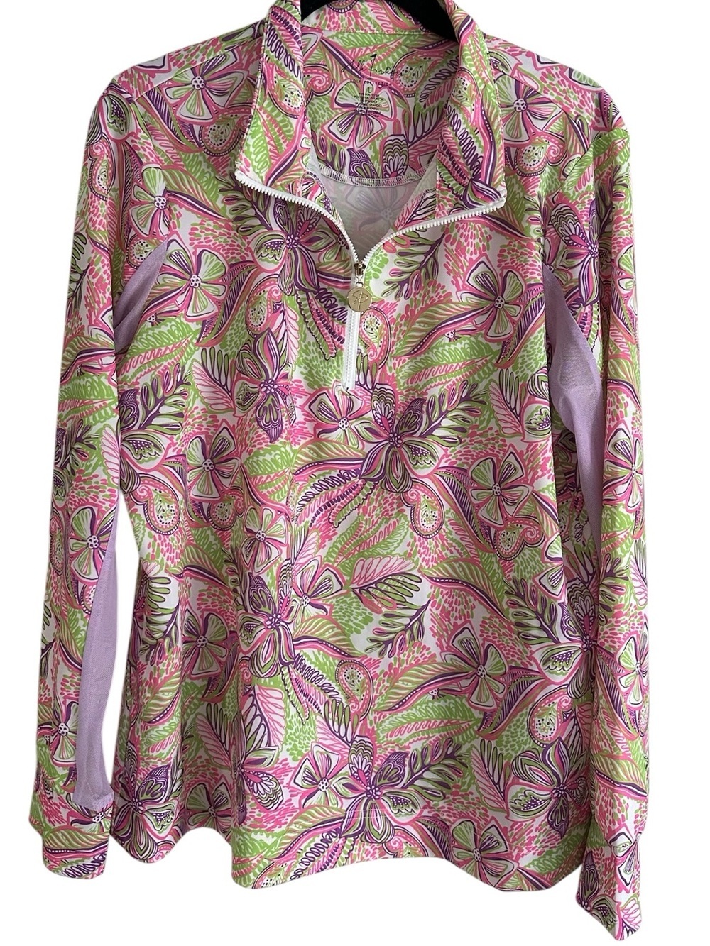 Stella Parker Golf mesh sleeve floral quarter zip top pink purple green
l
